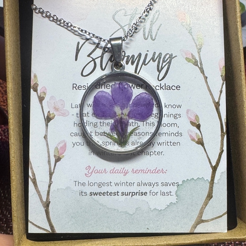 Silver Chain Necklace with Purple Flower Pendant